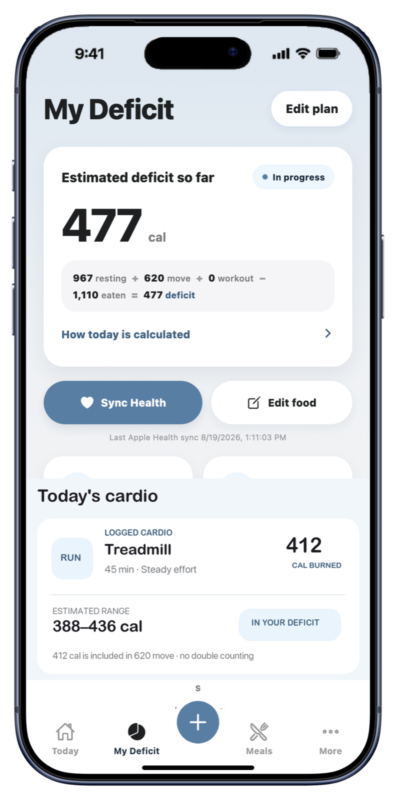 CaloMetrik on an iPhone showing calories burned from cardio