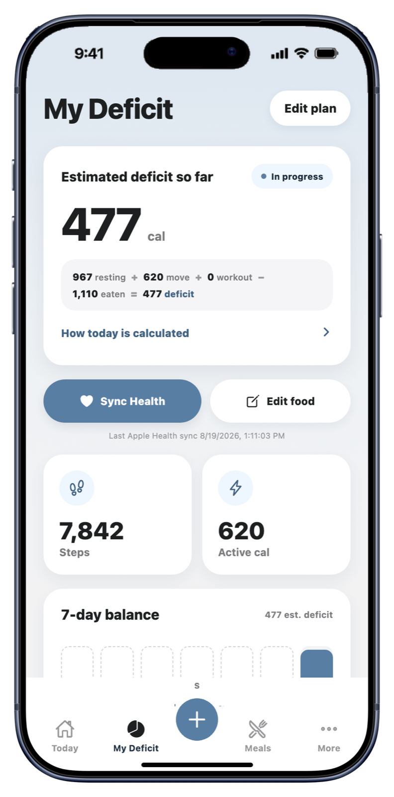 CaloMetrik on an iPhone showing daily intake, activity, and calorie details
