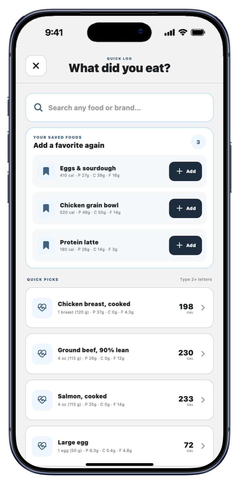 CaloMetrik on an iPhone showing saved foods and searchable nutrition results