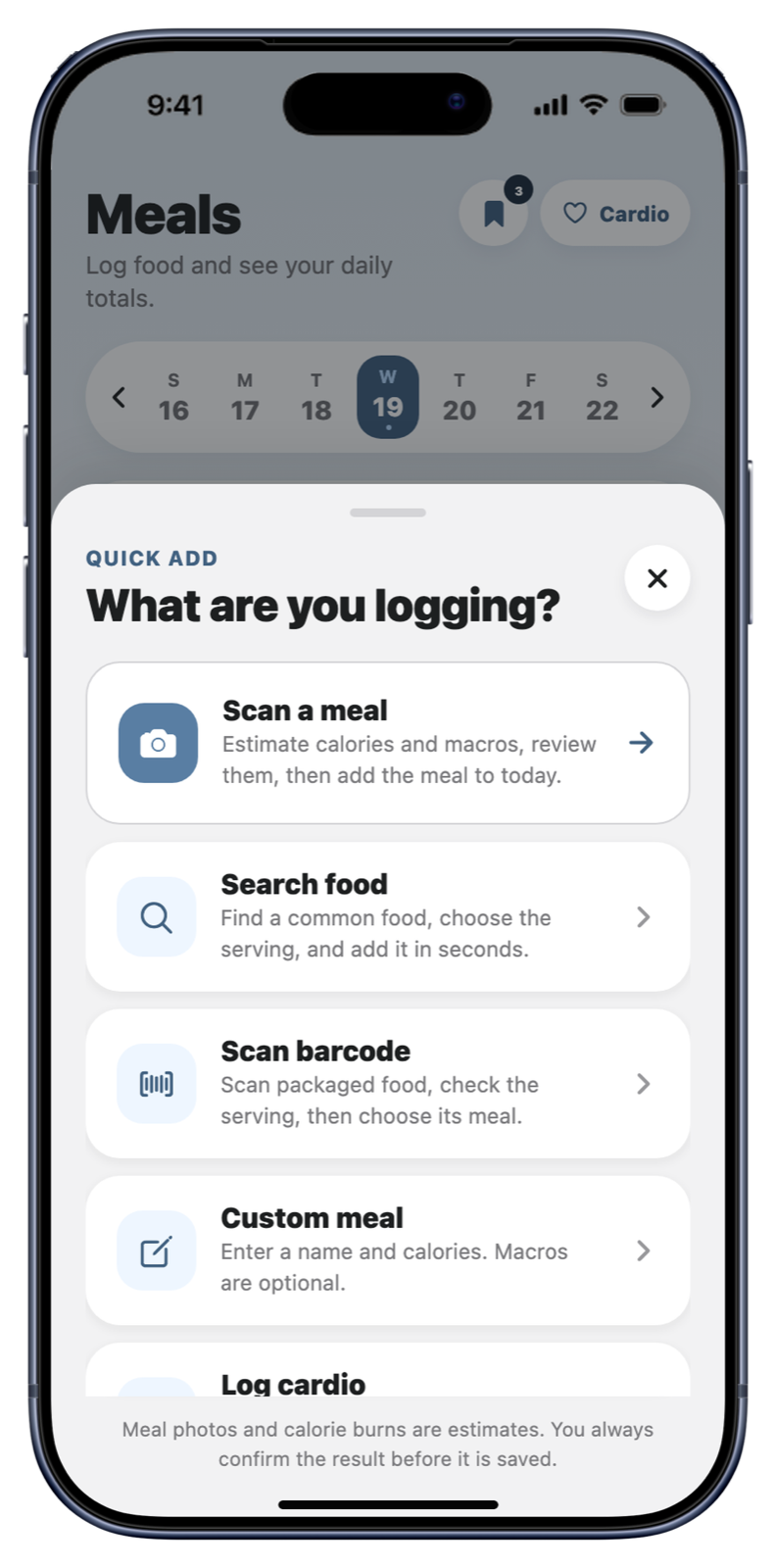 CaloMetrik on an iPhone with meal photo, food search, barcode, custom meal, and cardio options